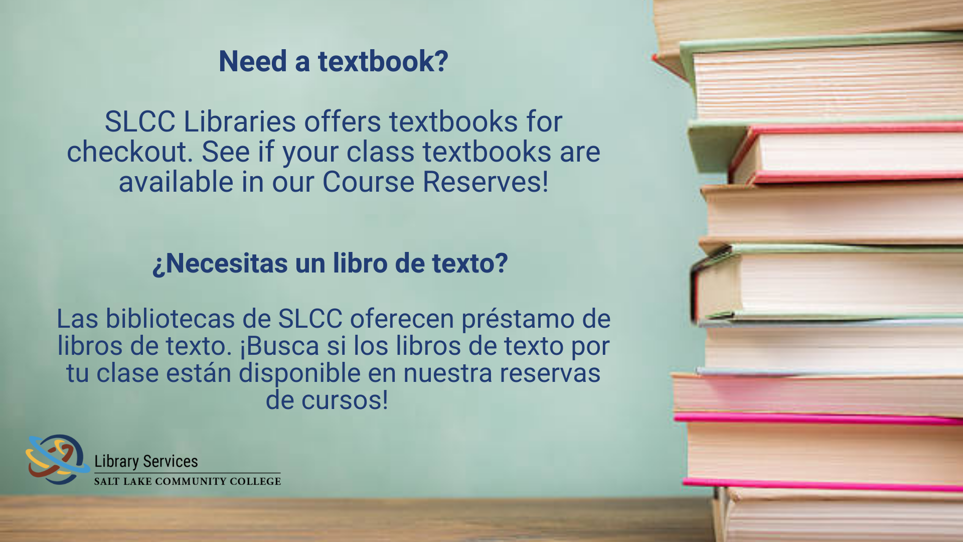 Dark blue text over a teal background with textbooks stacked to the right side.