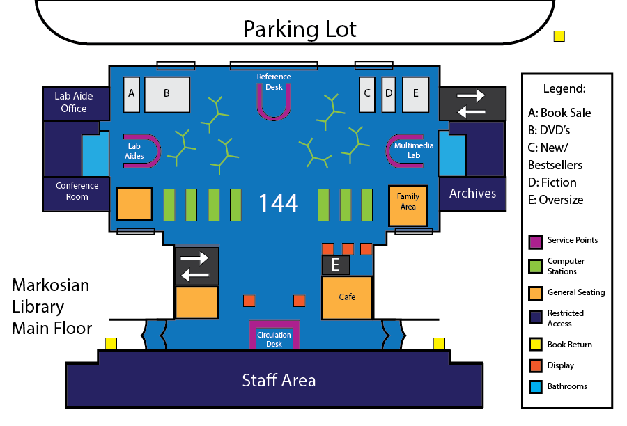 Map for Redwood Campus Markosian Library, first floor.