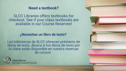 Dark blue text over a teal background with textbooks stacked to the right side.