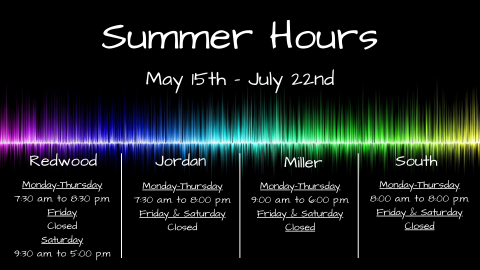 Black background with a rainbow of colored spikes across the middle. Text reading Summer Hours May 15th - July 22nd and the option to click to learn all library branch hours for the summer.