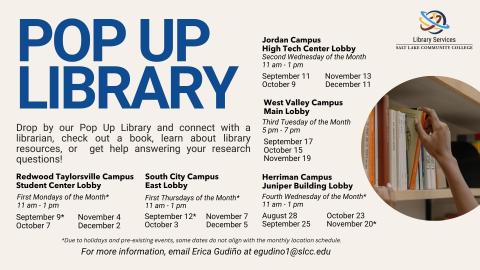 Black and dark blue text overtop a tan background explaining the schedule for the Pop Up Library event.