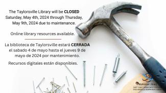 Black text over a photograph of a hammer and nails indicating a closure of the Redwood Library from May 4th through May 9th.
