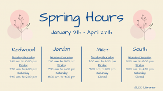Light yellow background with spring trees. Text reading Spring Hours, January 9th through April 27th. Click on banner for more information.